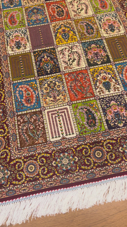 3x5 ft Burgundy Bamboo Silk Rug – Multicolor Garden Panel Design, Floral Luxury Silk Accent Rug for Living Room & Bedroom