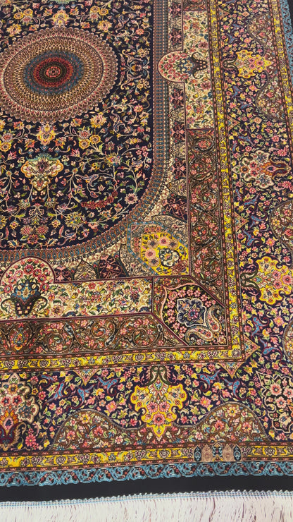 4x6 ft Silk Rug – Navy Blue, Gold & Ivory Floral Medallion Area Rug with Ornate Traditional Design and Elegant Silk Finish