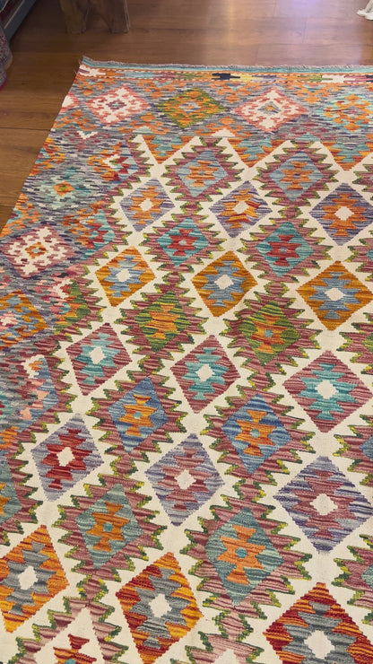 7x10 Fine Quality Turkish Kilim Rug, Ivory Multicolor Geometric Wool Kilim, Large Flatweave Rug, Diamond Medallion Design