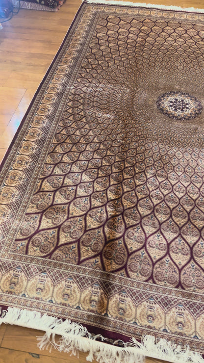 7’ x 10’ Luxury Silk Rug – Burgundy & Ivory Radiating Medallion Design – Intricate Woven Turkish Area Rug