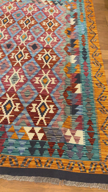 5x7 Fine Quality Handwoven Turkish Kilim Rug – Terracotta Turquoise Geometric Anatolian Rug