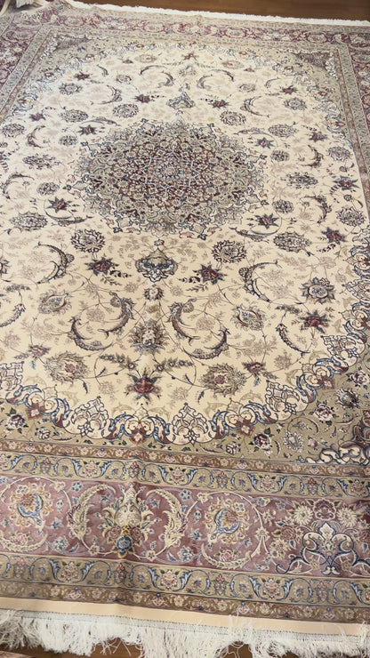 8×12 ft Silk Rug – Ivory, Blush Pink & Beige Medallion Area Rug, Luxury Floral Turkish Design, Extra Large Rug