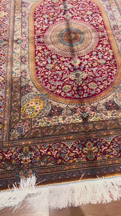 3x5 ft Red Bamboo Silk Rug – Ornate Floral Medallion Design, Luxury Silk Rug, Elegant Classic Accent Rug for Living Room & Bedroom