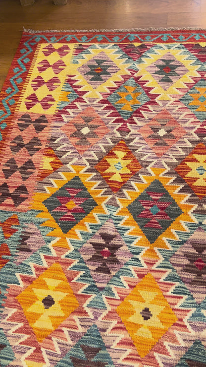 7x10 Fine Quality Turkish Kilim Rug, Warm Gold & Multicolor Geometric Wool Kilim, Large Flatweave Area Rug, Diamond Design