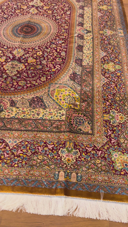 7x10 ft Red Silk Rug – Burgundy, Gold & Ivory Floral Medallion Area Rug, Ornate Luxury Statement Design