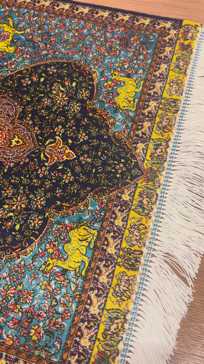 19” x 28” Small Silk Rug – Turquoise & Midnight Blue Imperial Medallion Accent Rug