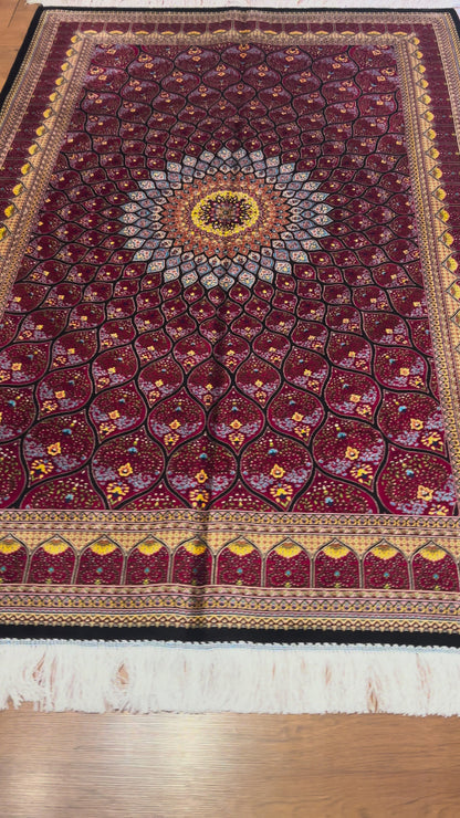 4x6 ft Bamboo Silk Rug – Deep Red Floral Medallion Silk Area Rug – Luxury Statement Rug
