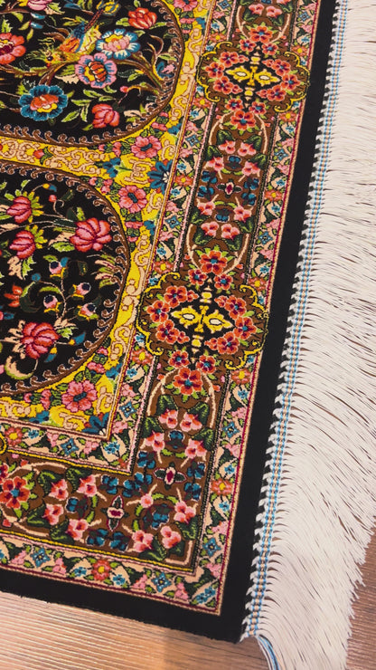 23” × 35” Luxury Turkish Silk Rug – Black & Gold Six-Panel Floral Garden Design, Hereke-Inspired Accent Rug