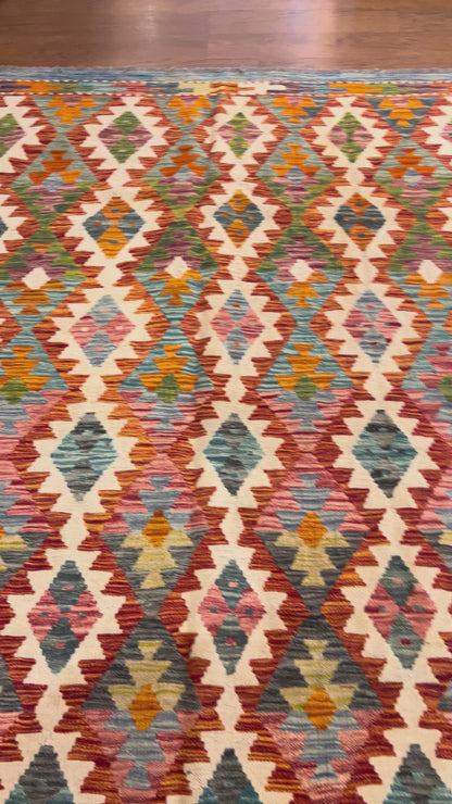 7x9 Fine Quality Handmade Turkish Kilim Rug – Colorful Diamond Geometric Handwoven Area Rug
