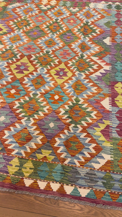 5x7 Fine Quality Handwoven Turkish Kilim Rug – Terracotta & Turquoise Geometric Anatolian Rug