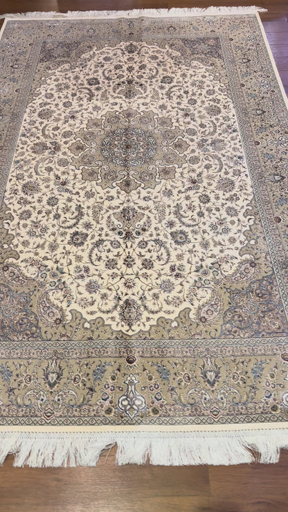 5x8 Luxury Ivory & Taupe Bamboo Silk Rug – Elegant Floral Medallion Design – Neutral Turkish Statement Area Rug
