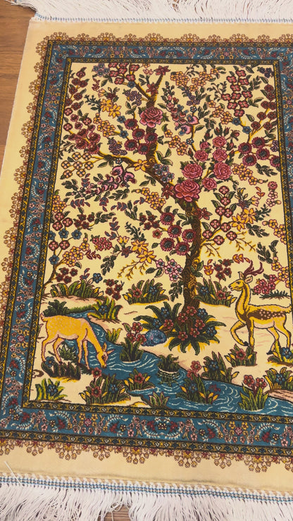 19” x 28” Fine Quality Bamboo Silk Rug – Floral Garden & Deer Design