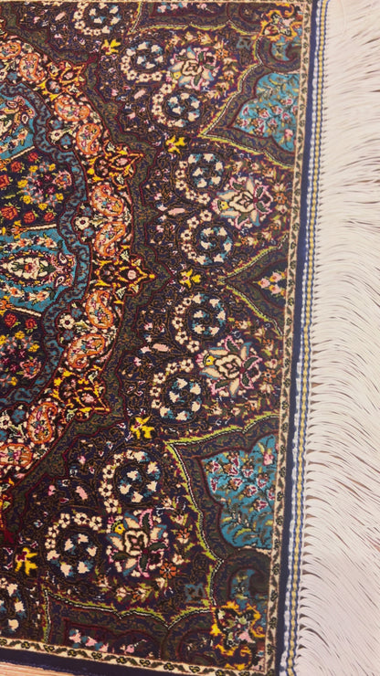 19” x 28” Small Silk Rug – Turquoise & Navy Grand Rosette Luxury Accent Rug