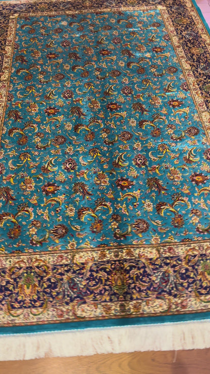 5x8 Luxury Turquoise Bamboo Silk Rug – Intricate All-Over Floral Design with Navy Border – Elegant Turkish Statement Area Rug