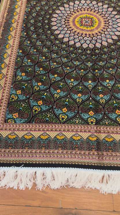 4x6 ft Silk Rug – Deep Green & Black Floral Medallion Area Rug with Radiating Geometric Design and Elegant Silk Finish