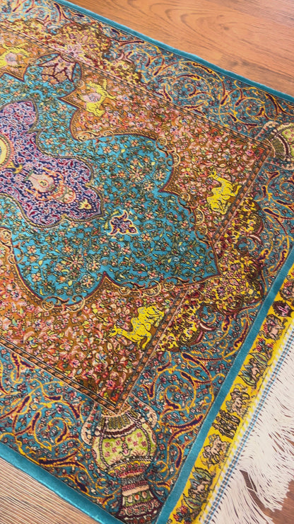 23” × 35” Luxury Turkish Bamboo Silk Rug – Turquoise Blue & Gold, Ornate Floral Medallion Accent Rug
