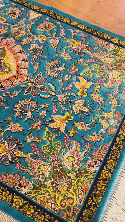 23” × 35” Luxury Turkish Bamboo Silk Rug – Vibrant Turquoise Blue, Gold Floral Medallion Accent Rug
