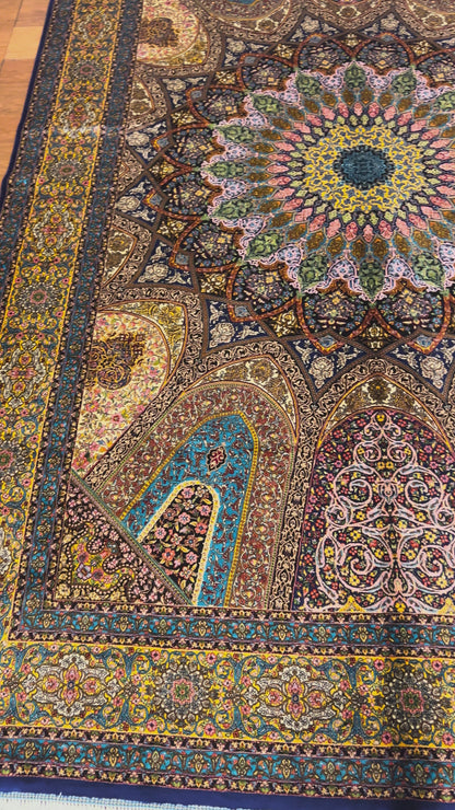 5x8 Multicolor Silk Rug – Architectural Starburst Medallion with Turquoise & Gold Details
