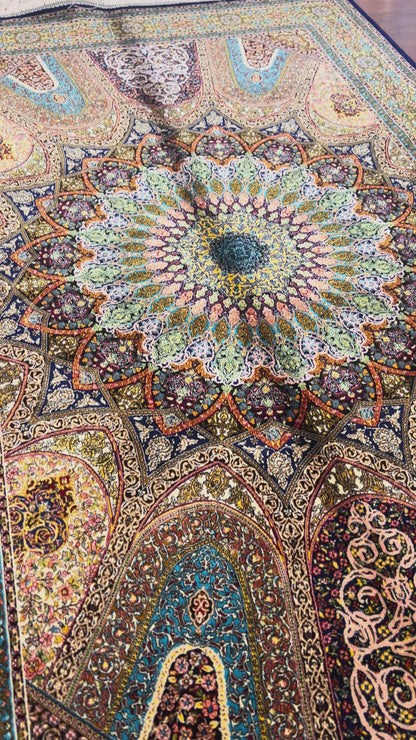 3x5 ft Silk Rug – Navy Blue & Turquoise Ornate Medallion Design, Luxury Area Rug