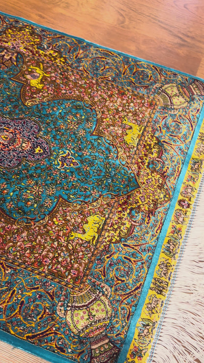 23” × 35” Luxury Turkish Silk Rug – Ivory, Turquoise Blue & Rust Gold Medallion, Hereke-Inspired Oriental Accent Rug