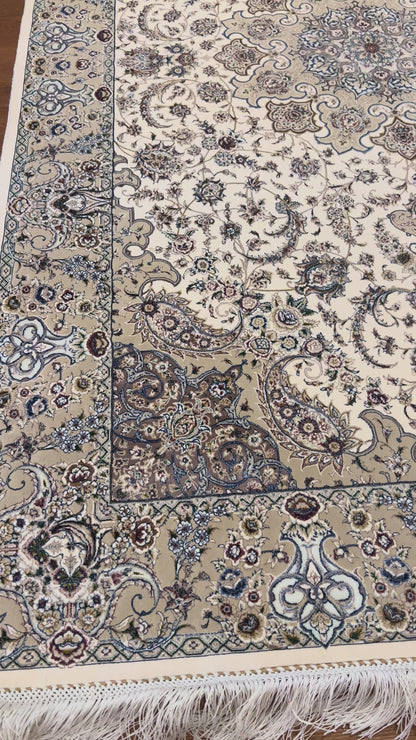 4x6 ft Silk Rug – Ivory, Beige & Soft Gray Floral Medallion Area Rug with Elegant Botanical Design and Refined Silk Finish