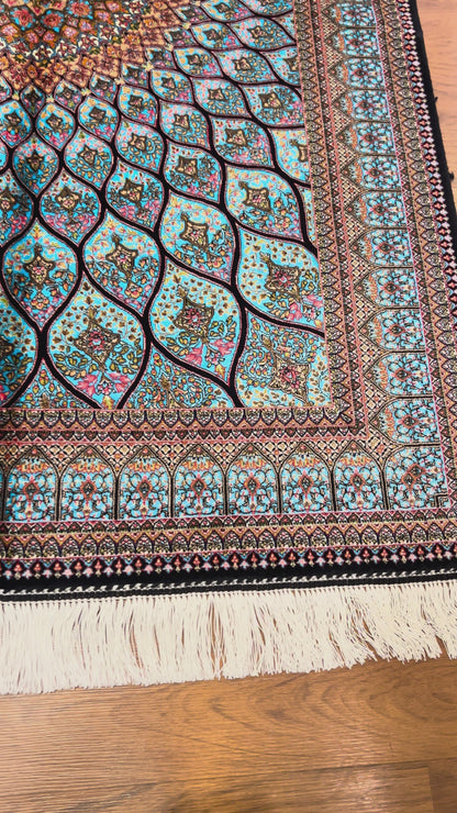 Light Blue Bamboo Silk Rug 3x5 ft – Radiant Floral Medallion Silk Area Rug with Elegant Ornamental Design