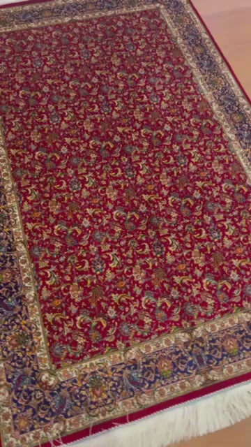 4x6 ft Silk Rug – Deep Red & Navy Floral Area Rug, Elegant Traditional Design with Intricate Botanical Details