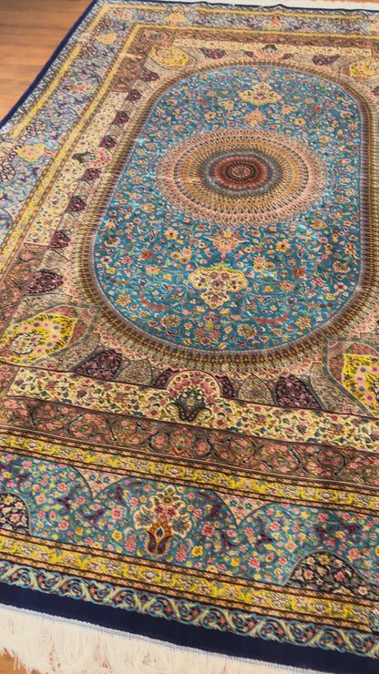 7x10 ft Turquoise Blue Silk Rug – Luxury Architectural Floral Medallion Design – Intricate Woven Turkish Area Rug for Living Room, Dining Room, Office & Elegant Interiors