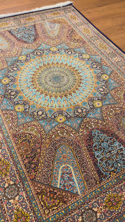 3x5 ft Blue Bamboo Silk Rug – Grand Medallion Floral Design, Navy & Gold Luxury Silk Accent Rug for Living Room & Bedroom