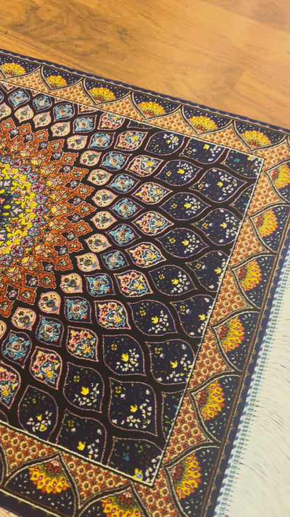 19” x 28” Small Silk Rug – Midnight Blue & Orange Radiant Medallion Accent Rug