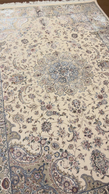 3x5 ft Ivory Bamboo Silk Rug – Elegant Floral Medallion Design, Beige & Blue Luxury Silk Accent Rug for Living Room & Bedroom