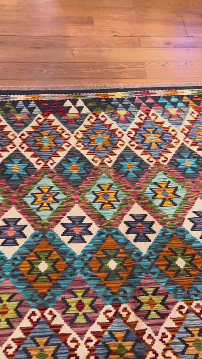 6x8 Fine Quality Turkish Kilim Rug – Handwoven Colorful Diamond Geometric Anatolian Rug