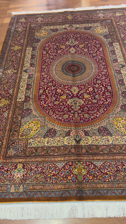 5’ x 8’ Luxury Silk Rug – Ruby Red Grand Medallion & Floral Design – Intricate Woven Turkish Area Rug