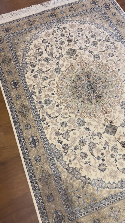 3x5 ft Ivory & Beige Bamboo Silk Rug – Classic Floral Medallion Design, Soft Blue Accents, Elegant Silk Area Rug