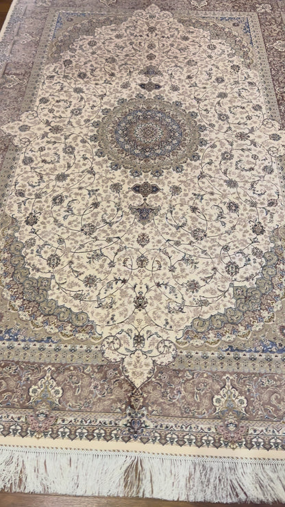 5x8 Luxury Ivory & Beige Bamboo Silk Rug – Ornate Floral Medallion Design – Elegant Turkish Area Rug