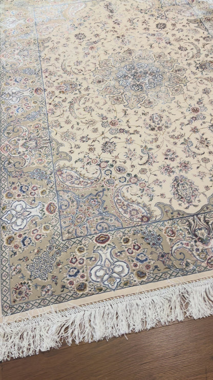 3x5 ft Ivory Bamboo Silk Rug – Elegant Floral Medallion Design, Beige & Blue Luxury Silk Accent Rug for Living Room & Bedroom