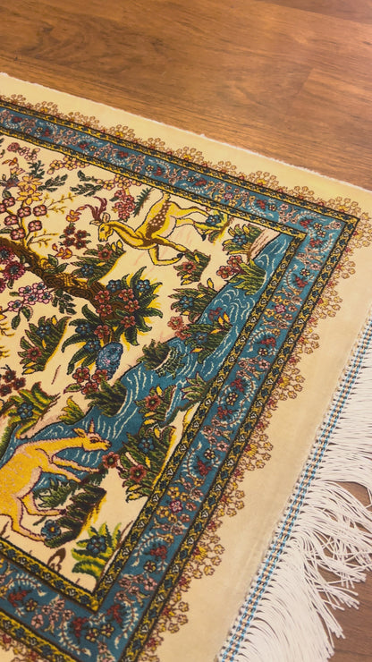 19” x 28” Small Silk Rug – Garden of Life Deer & Floral Tree Turkish Accent Rug