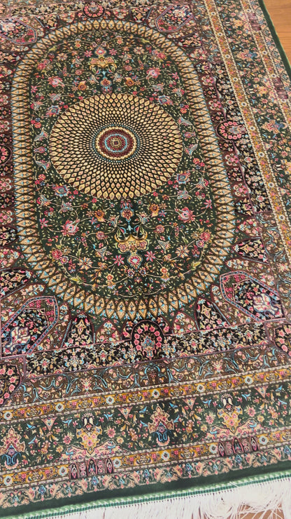 3x5 ft Green Bamboo Silk Rug – Ornate Floral Medallion Design, Luxury Silk Accent Rug, Elegant Classic Home Decor