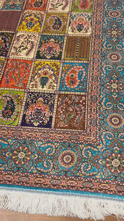 4x6 ft Multicolor Silk Rug – Turquoise Border Garden Panel Design, Elegant Floral Area Rug