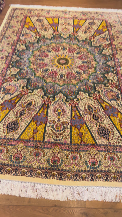7x10 ft Silk Rug – Ivory, Soft Blue & Gold Ornate Medallion Area Rug, Elegant Floral Statement Design