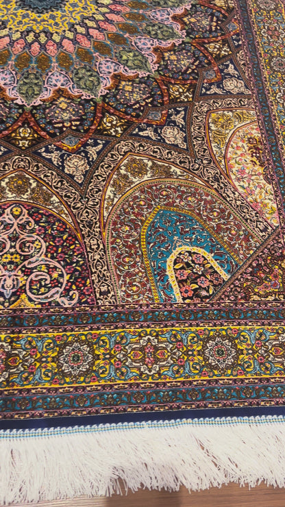 4x6 ft Silk Rug – Brown, Black & Gold Ornate Medallion Area Rug with Architectural Floral Design and Rich Multicolor Details