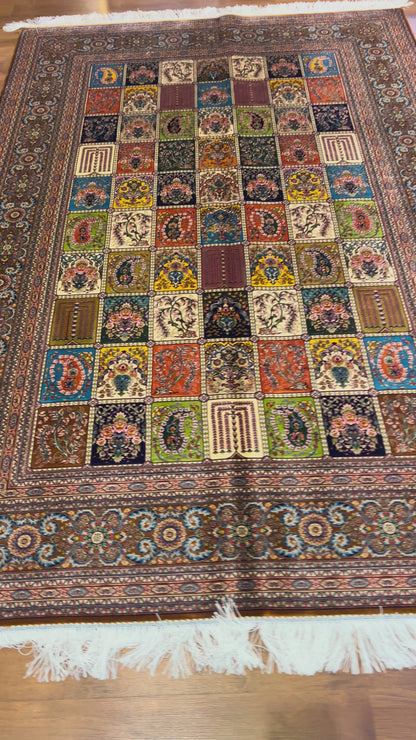 5x8 Luxury Bamboo Silk Rug – Multicolor Garden Panel Floral Design – Ornate Turkish Statement Area Rug