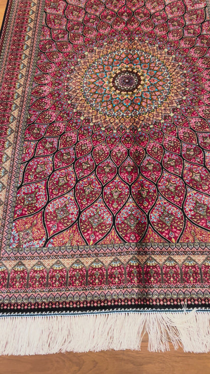 3x5 ft Pink Bamboo Silk Rug – Intricate Floral Medallion Design, Ivory & Black Accents, Elegant Silk Area Rug