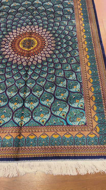 4x6 ft Turquoise Silk Rug – Teal & Navy Geometric Floral Medallion Area Rug, Luxury Statement Design