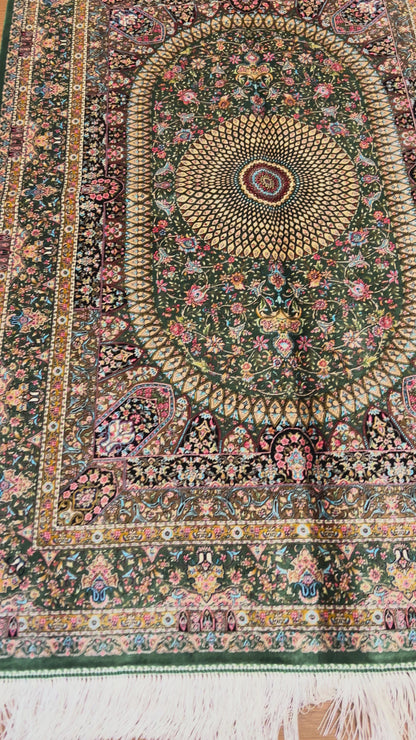3x5 ft Silk Rug – Deep Green Floral Medallion Design, Ornate Luxury Area Rug