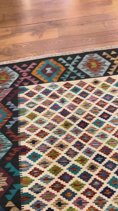 6x8 Fine Quality Turkish Kilim Rug – Handwoven Multicolor Geometric Rug with Bold Black Border
