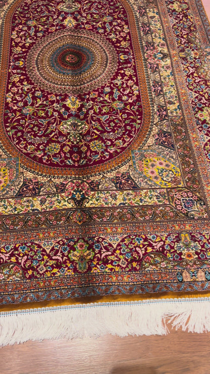 3’×5’ Luxury Red Silk Rug – Elegant Floral Medallion Design with Rich Traditional Details