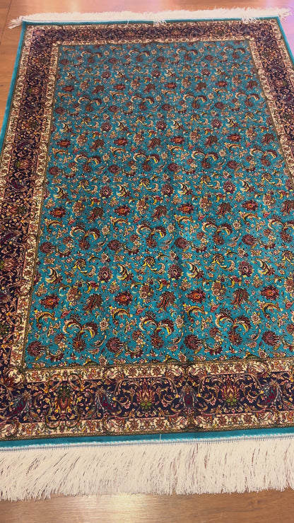 4x6 ft Silk Rug – Turquoise Blue & Navy Floral Area Rug with Intricate Botanical Design and Elegant Silk Finish