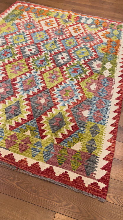 5x7 Fine Quality Handwoven Turkish Kilim Rug – Rust Red Olive Geometric Anatolian Rug