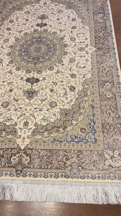4x6 ft Ivory Silk Rug – Taupe, Beige & Soft Blue Floral Medallion Area Rug, Elegant Neutral Design